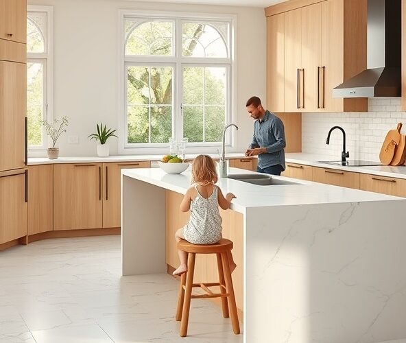 Jakie blaty kuchenne marmuropodobne wybrać do kuchni z wyspą i małymi dziećmi?